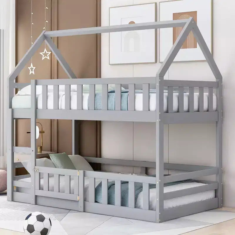 GDFStudio Perez House Bunk Bed with Fence and Door