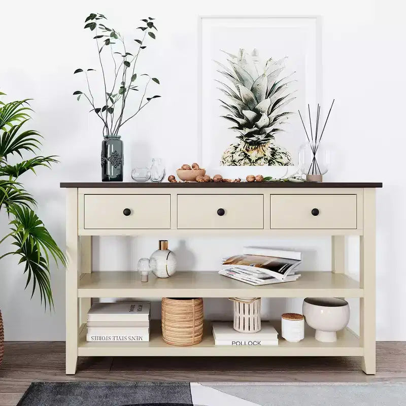 TUYOHW 50 Mid-Century Console Table with 3 Drawers,Solid Wood Frame Entryway Table with 2-Tier Shelves for Living Room,Hallway,220lb Capacity