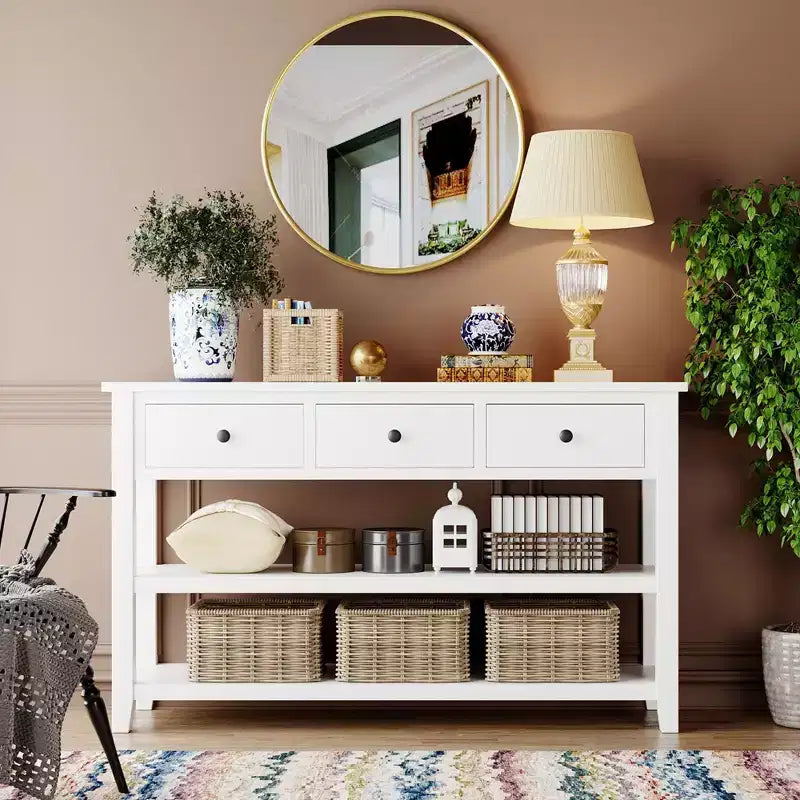 TUYOHW 50 Mid-Century Console Table with 3 Drawers,Solid Wood Frame Entryway Table with 2-Tier Shelves for Living Room,Hallway,220lb Capacity