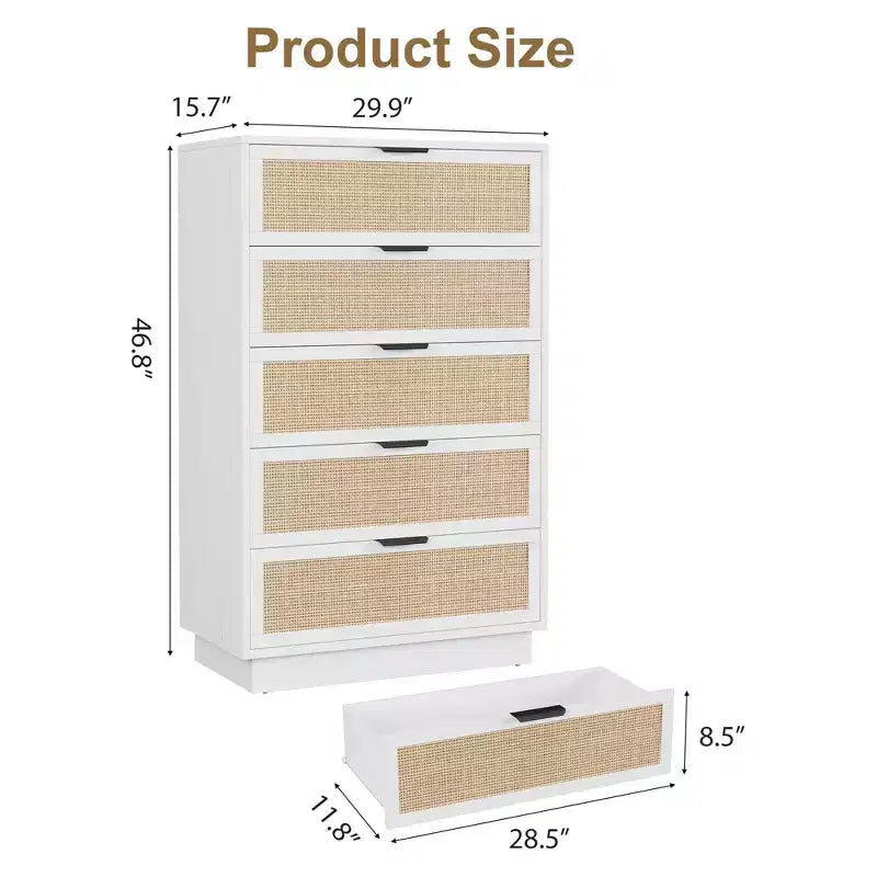5 Drawer Rattan Dresser for Bedroom, Integrated Cabinet Body & Legs Design, Wooden Chest of Drawers for Hallways, Entryways and Closet, Easy Assembly