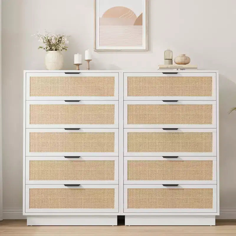 5 Drawer Rattan Dresser for Bedroom, Integrated Cabinet Body & Legs Design, Wooden Chest of Drawers for Hallways, Entryways and Closet, Easy Assembly