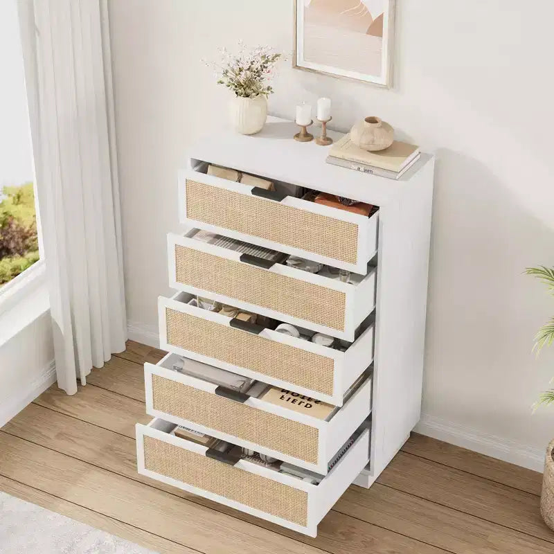 5 Drawer Rattan Dresser for Bedroom, Integrated Cabinet Body & Legs Design, Wooden Chest of Drawers for Hallways, Entryways and Closet, Easy Assembly