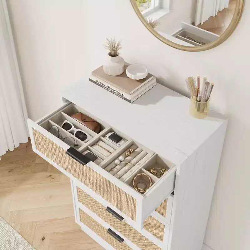 5 Drawer Rattan Dresser for Bedroom, Integrated Cabinet Body & Legs Design, Wooden Chest of Drawers for Hallways, Entryways and Closet, Easy Assembly