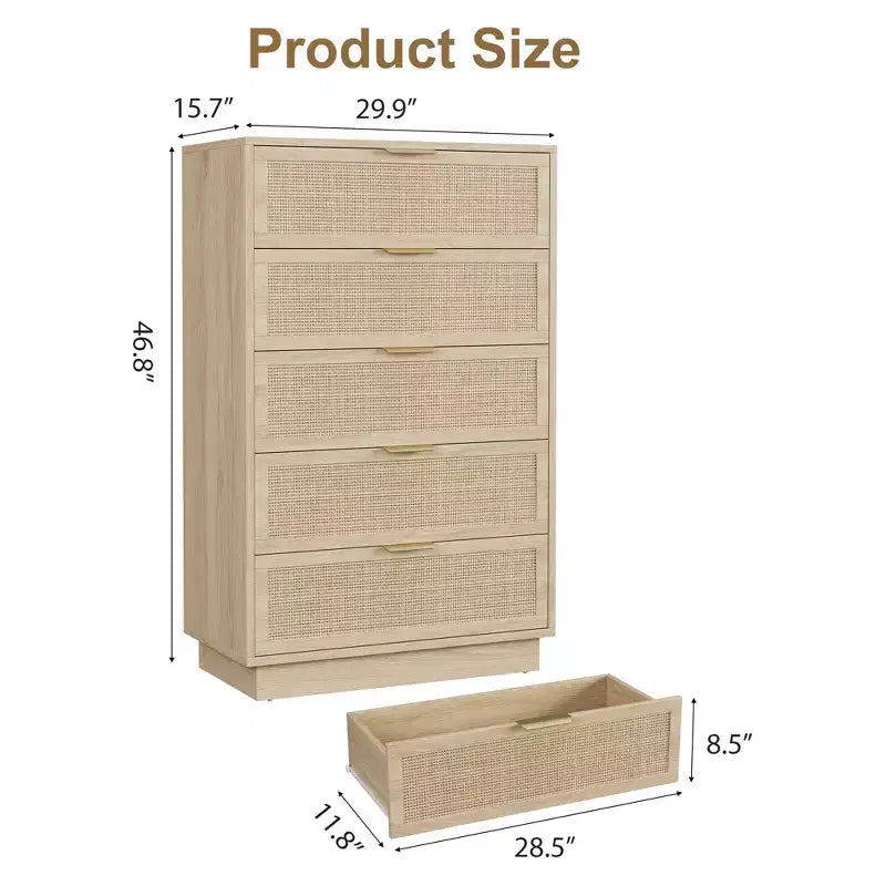 5 Drawer Rattan Dresser for Bedroom, Integrated Cabinet Body & Legs Design, Wooden Chest of Drawers for Hallways, Entryways and Closet, Easy Assembly