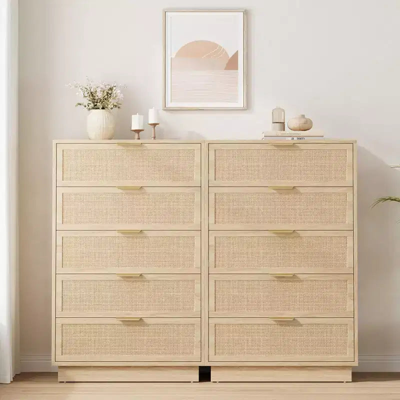 5 Drawer Rattan Dresser for Bedroom, Integrated Cabinet Body & Legs Design, Wooden Chest of Drawers for Hallways, Entryways and Closet, Easy Assembly