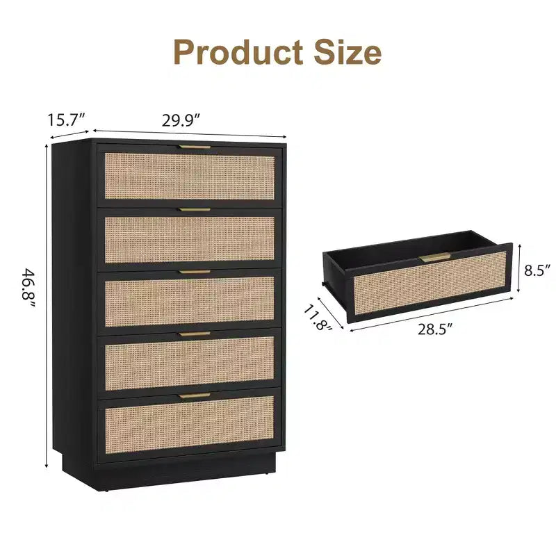 5 Drawer Rattan Dresser for Bedroom, Integrated Cabinet Body & Legs Design, Wooden Chest of Drawers for Hallways, Entryways and Closet, Easy Assembly