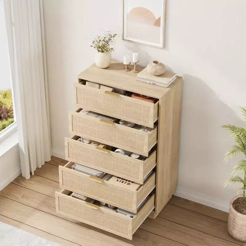 5 Drawer Rattan Dresser for Bedroom, Integrated Cabinet Body & Legs Design, Wooden Chest of Drawers for Hallways, Entryways and Closet, Easy Assembly