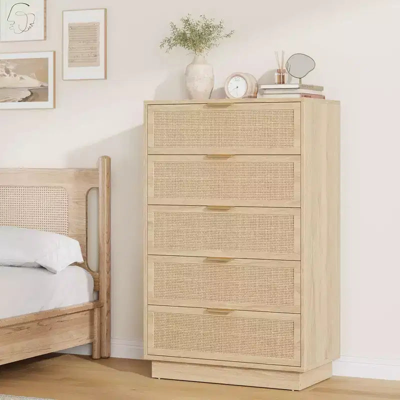 5 Drawer Rattan Dresser for Bedroom, Integrated Cabinet Body & Legs Design, Wooden Chest of Drawers for Hallways, Entryways and Closet, Easy Assembly