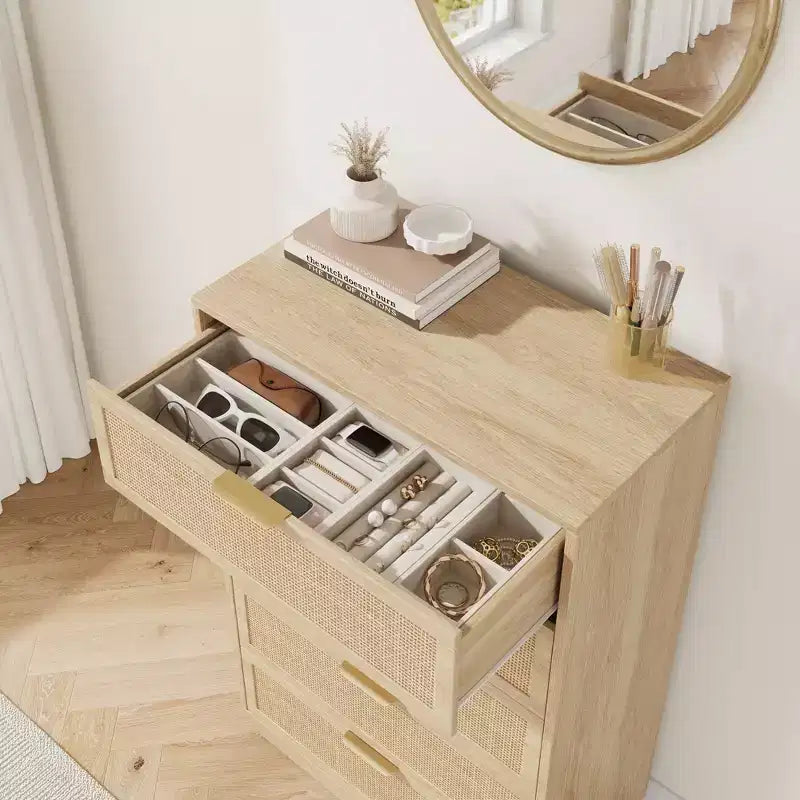 5 Drawer Rattan Dresser for Bedroom, Integrated Cabinet Body & Legs Design, Wooden Chest of Drawers for Hallways, Entryways and Closet, Easy Assembly
