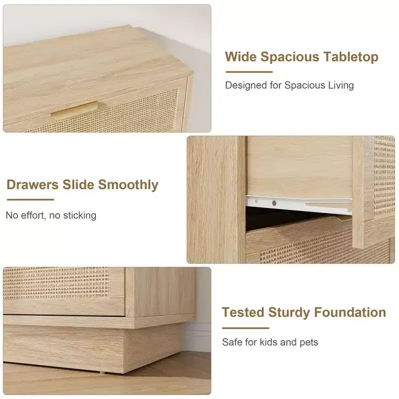 5 Drawer Rattan Dresser for Bedroom, Integrated Cabinet Body & Legs Design, Wooden Chest of Drawers for Hallways, Entryways and Closet, Easy Assembly