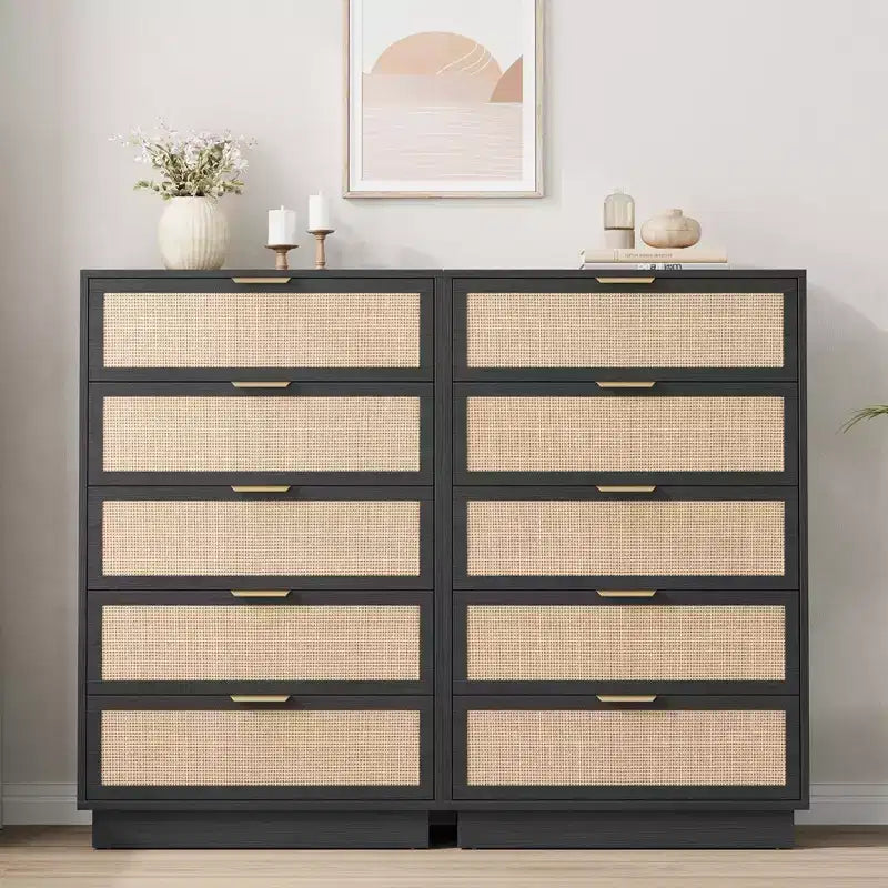 5 Drawer Rattan Dresser for Bedroom, Integrated Cabinet Body & Legs Design, Wooden Chest of Drawers for Hallways, Entryways and Closet, Easy Assembly