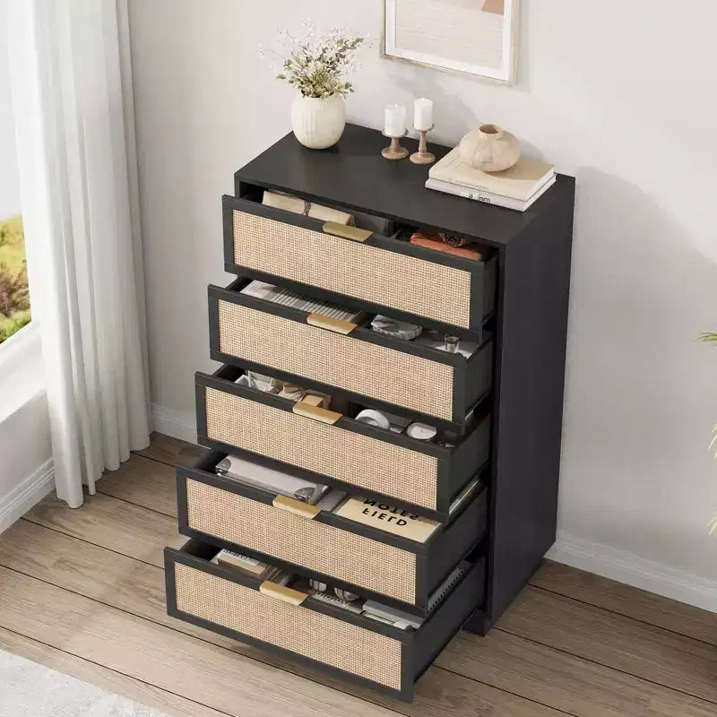 5 Drawer Rattan Dresser for Bedroom, Integrated Cabinet Body & Legs Design, Wooden Chest of Drawers for Hallways, Entryways and Closet, Easy Assembly