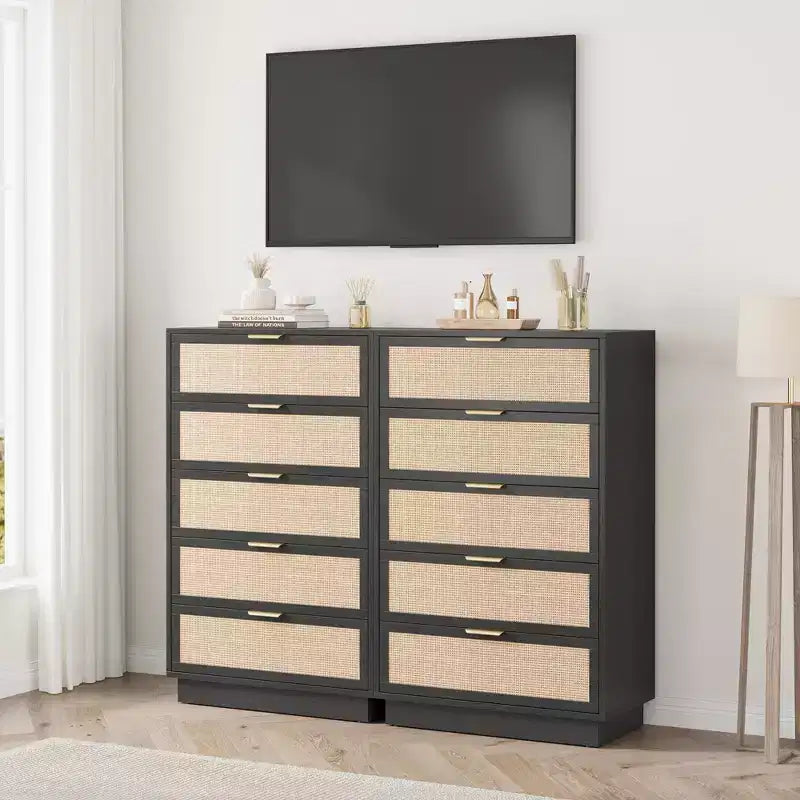 5 Drawer Rattan Dresser for Bedroom, Integrated Cabinet Body & Legs Design, Wooden Chest of Drawers for Hallways, Entryways and Closet, Easy Assembly