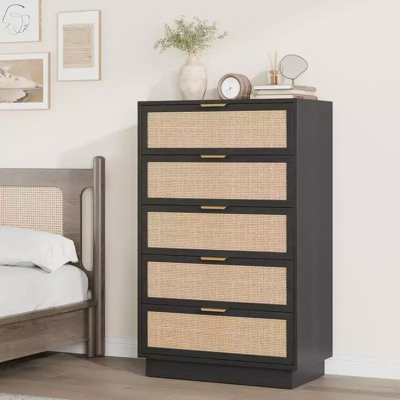 5 Drawer Rattan Dresser for Bedroom, Integrated Cabinet Body & Legs Design, Wooden Chest of Drawers for Hallways, Entryways and Closet, Easy Assembly