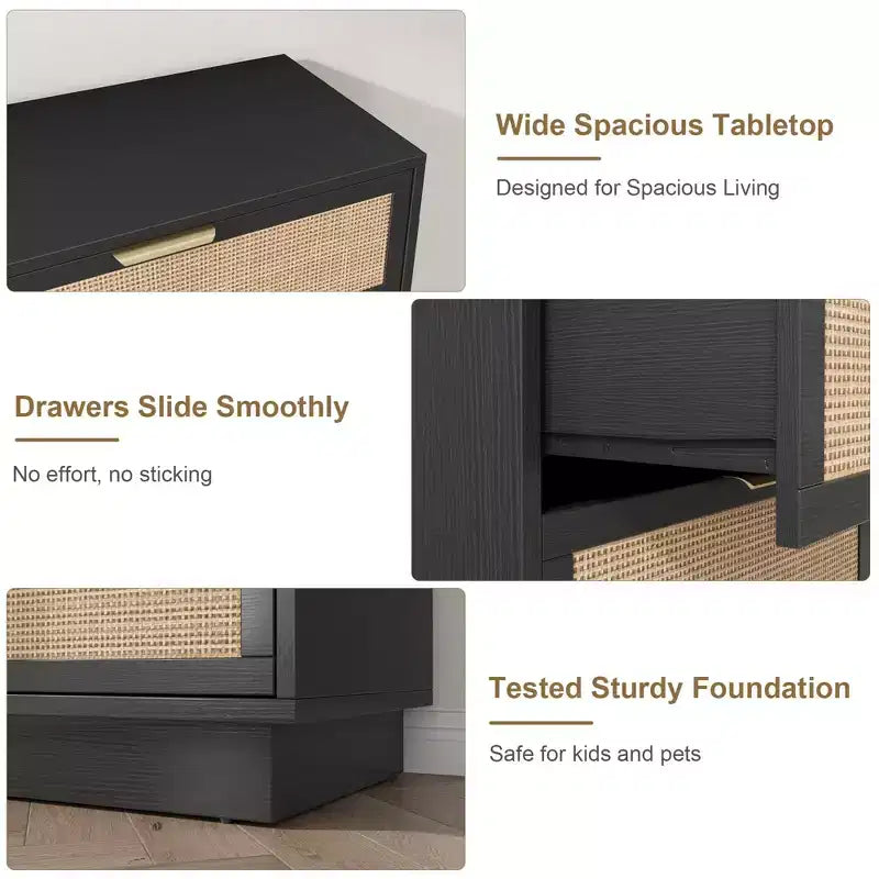 5 Drawer Rattan Dresser for Bedroom, Integrated Cabinet Body & Legs Design, Wooden Chest of Drawers for Hallways, Entryways and Closet, Easy Assembly