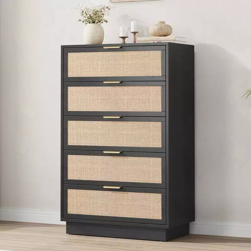 5 Drawer Rattan Dresser for Bedroom, Integrated Cabinet Body & Legs Design, Wooden Chest of Drawers for Hallways, Entryways and Closet, Easy Assembly
