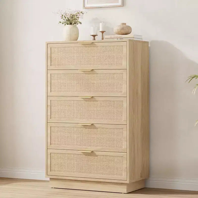 5 Drawer Rattan Dresser for Bedroom, Integrated Cabinet Body & Legs Design, Wooden Chest of Drawers for Hallways, Entryways and Closet, Easy Assembly
