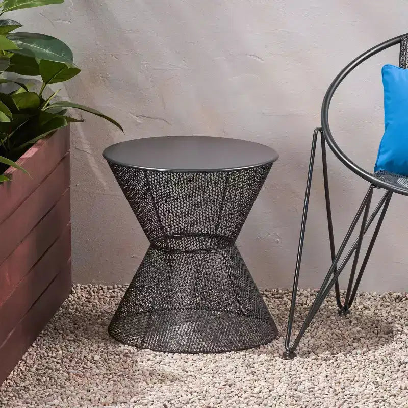 MAYEERTY Outdoor Iron Frame Side Table, Hourglass Shape Mesh Top Round Silhouette Table, Durable Bold Patio Accent Table