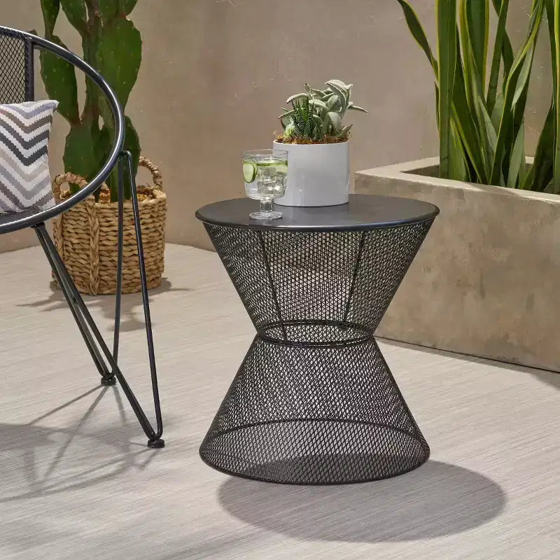 MAYEERTY Outdoor Iron Frame Side Table, Hourglass Shape Mesh Top Round Silhouette Table, Durable Bold Patio Accent Table