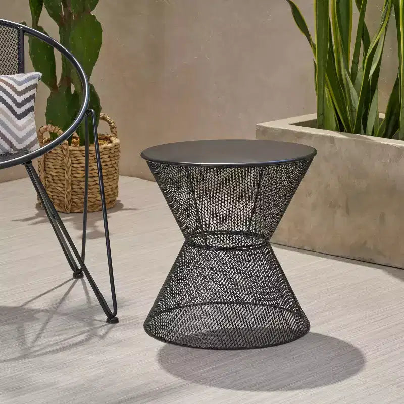 MAYEERTY Outdoor Iron Frame Side Table, Hourglass Shape Mesh Top Round Silhouette Table, Durable Bold Patio Accent Table