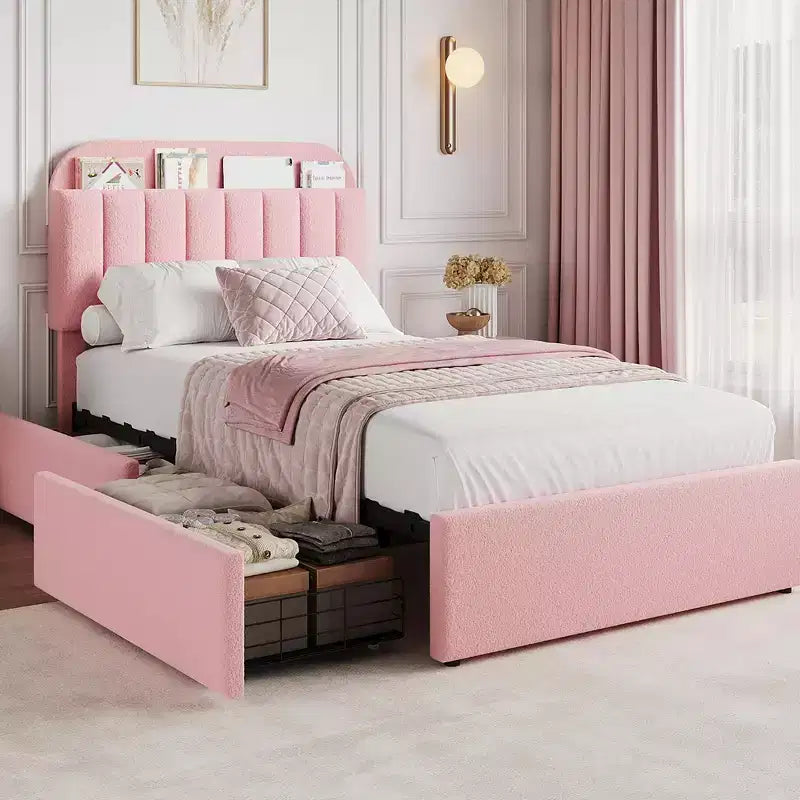 COZONY Twin Bed Frame with Storage Headboard, Kids Platform Bed with 2 Drawers & Boucle Upholstery