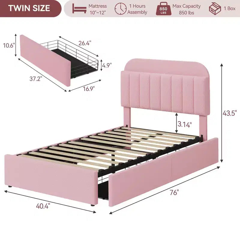 COZONY Twin Bed Frame with Storage Headboard, Kids Platform Bed with 2 Drawers & Boucle Upholstery