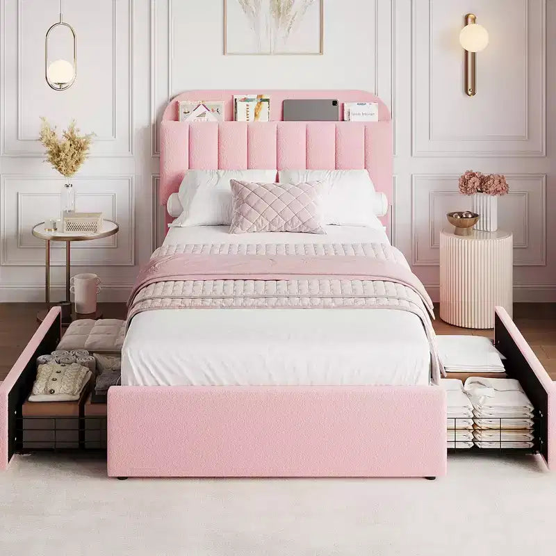 COZONY Twin Bed Frame with Storage Headboard, Kids Platform Bed with 2 Drawers & Boucle Upholstery