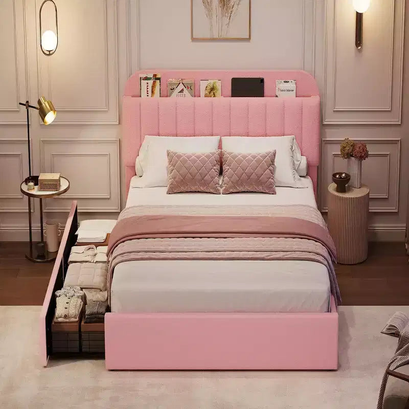 COZONY Twin Bed Frame with Storage Headboard, Kids Platform Bed with 2 Drawers & Boucle Upholstery