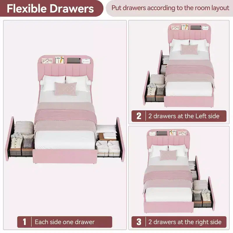 COZONY Twin Bed Frame with Storage Headboard, Kids Platform Bed with 2 Drawers & Boucle Upholstery