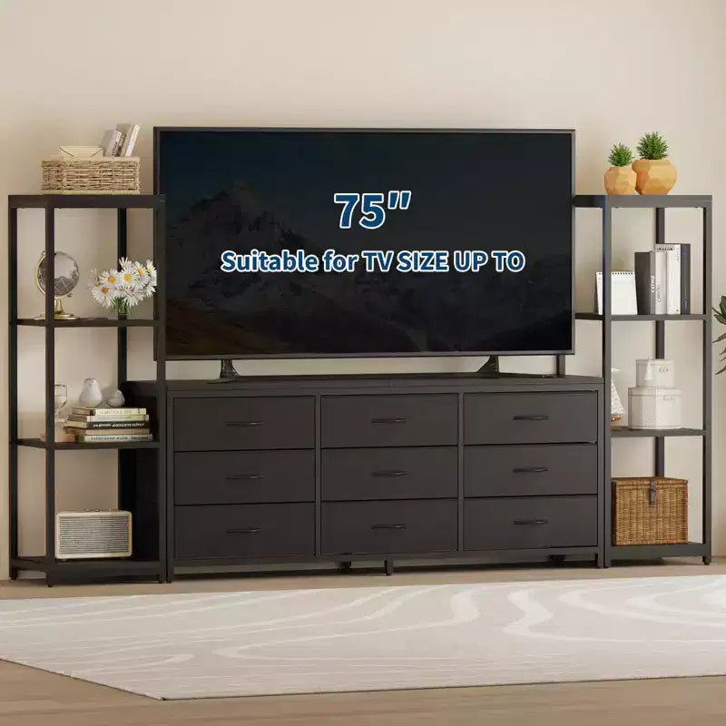 COZONY TV Stand Entertainment Center with 9 Fabric Drawers & Industrial Shelves for TVs up to 75 Inches