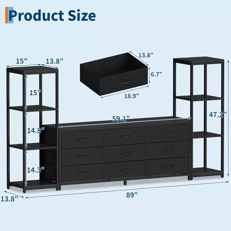 COZONY TV Stand Entertainment Center with 9 Fabric Drawers & Industrial Shelves for TVs up to 75 Inches