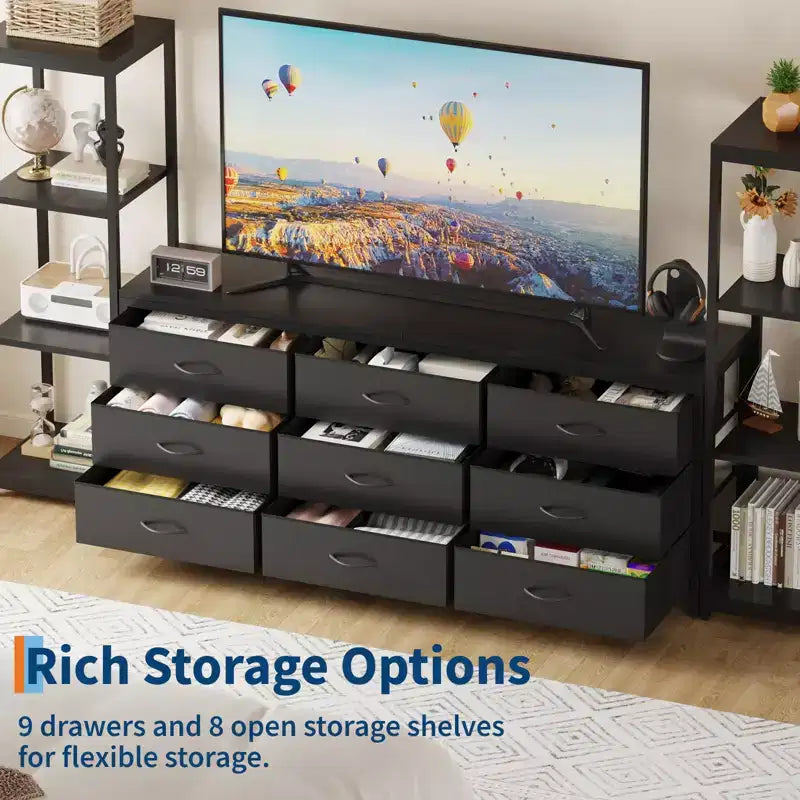 COZONY TV Stand Entertainment Center with 9 Fabric Drawers & Industrial Shelves for TVs up to 75 Inches