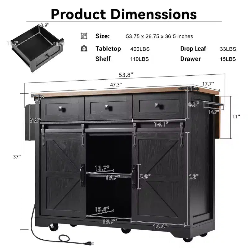FAMYYT Rolling White Drop Leaf Wood Top 54 in. Kitchen Island Cart with Power Outlet, 2 Sliding Barn Door, Hidden Wheels