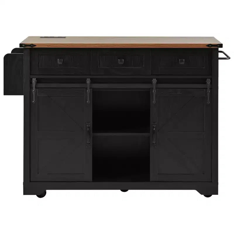 FAMYYT Rolling White Drop Leaf Wood Top 54 in. Kitchen Island Cart with Power Outlet, 2 Sliding Barn Door, Hidden Wheels