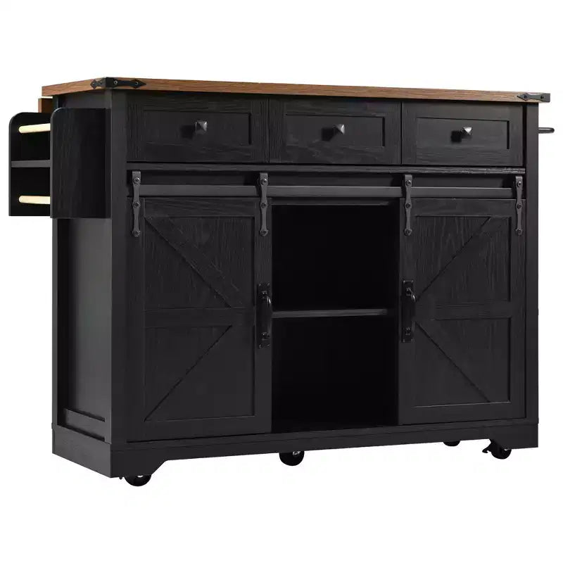 FAMYYT Rolling White Drop Leaf Wood Top 54 in. Kitchen Island Cart with Power Outlet, 2 Sliding Barn Door, Hidden Wheels