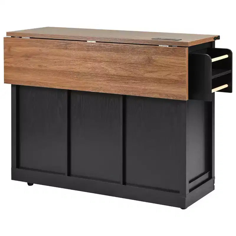 FAMYYT Rolling White Drop Leaf Wood Top 54 in. Kitchen Island Cart with Power Outlet, 2 Sliding Barn Door, Hidden Wheels