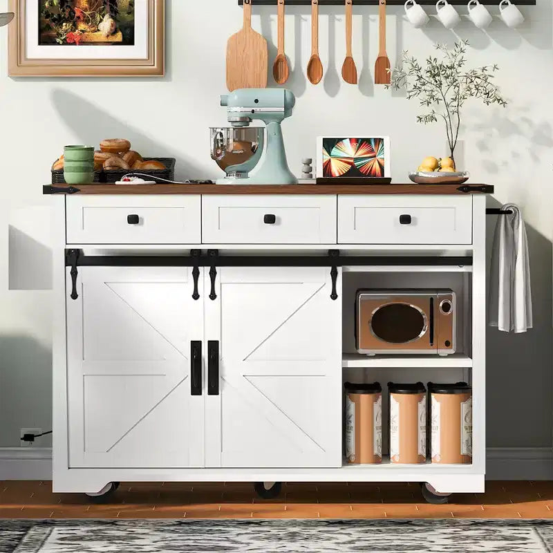 FAMYYT Rolling White Drop Leaf Wood Top 54 in. Kitchen Island Cart with Power Outlet, 2 Sliding Barn Door, Hidden Wheels
