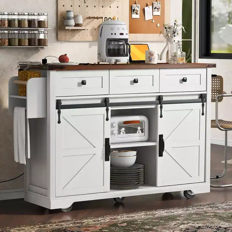 FAMYYT Rolling White Drop Leaf Wood Top 54 in. Kitchen Island Cart with Power Outlet, 2 Sliding Barn Door, Hidden Wheels