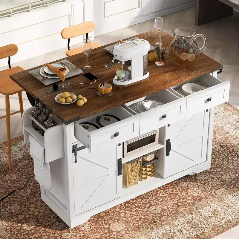 FAMYYT Rolling White Drop Leaf Wood Top 54 in. Kitchen Island Cart with Power Outlet, 2 Sliding Barn Door, Hidden Wheels