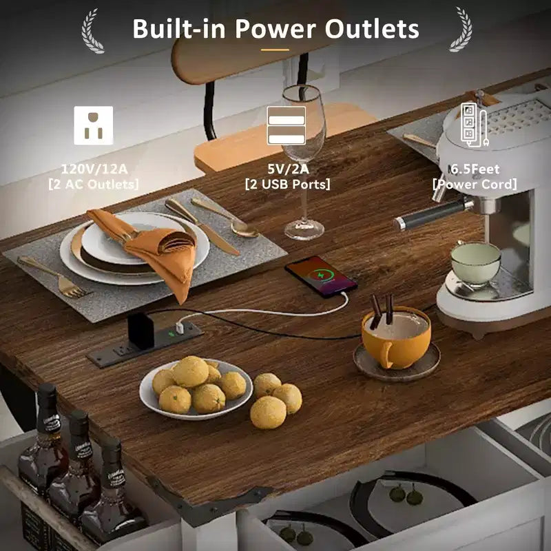 FAMYYT Rolling White Drop Leaf Wood Top 54 in. Kitchen Island Cart with Power Outlet, 2 Sliding Barn Door, Hidden Wheels