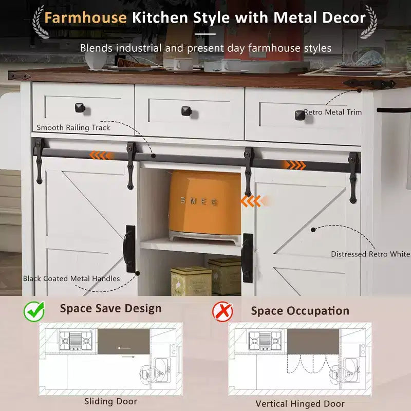 FAMYYT Rolling White Drop Leaf Wood Top 54 in. Kitchen Island Cart with Power Outlet, 2 Sliding Barn Door, Hidden Wheels