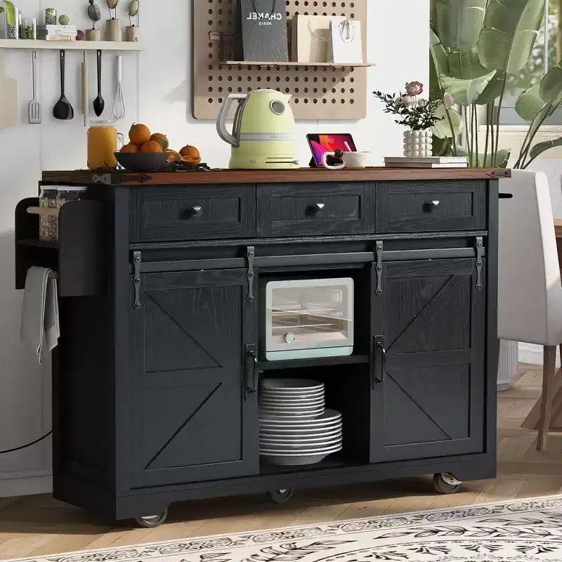 FAMYYT Rolling White Drop Leaf Wood Top 54 in. Kitchen Island Cart with Power Outlet, 2 Sliding Barn Door, Hidden Wheels