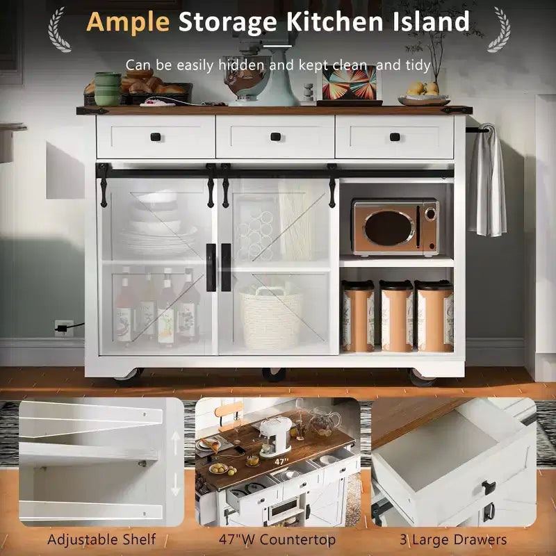 FAMYYT Rolling White Drop Leaf Wood Top 54 in. Kitchen Island Cart with Power Outlet, 2 Sliding Barn Door, Hidden Wheels