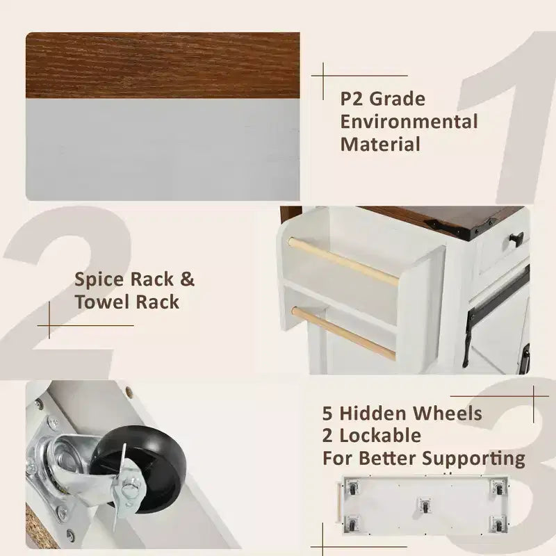 FAMYYT Rolling White Drop Leaf Wood Top 54 in. Kitchen Island Cart with Power Outlet, 2 Sliding Barn Door, Hidden Wheels