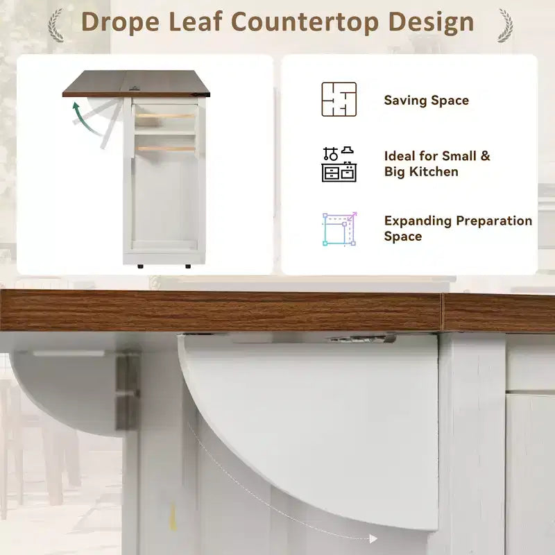 FAMYYT Rolling White Drop Leaf Wood Top 54 in. Kitchen Island Cart with Power Outlet, 2 Sliding Barn Door, Hidden Wheels
