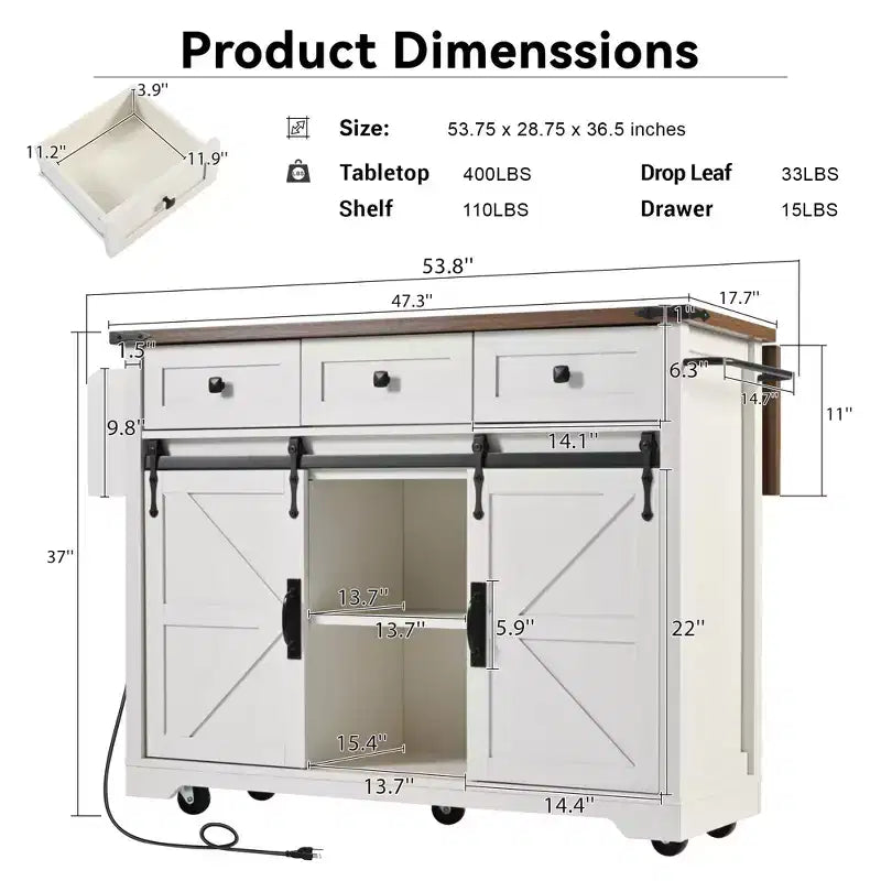 FAMYYT Rolling White Drop Leaf Wood Top 54 in. Kitchen Island Cart with Power Outlet, 2 Sliding Barn Door, Hidden Wheels