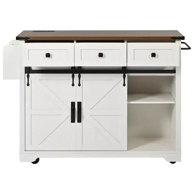 FAMYYT Rolling White Drop Leaf Wood Top 54 in. Kitchen Island Cart with Power Outlet, 2 Sliding Barn Door, Hidden Wheels