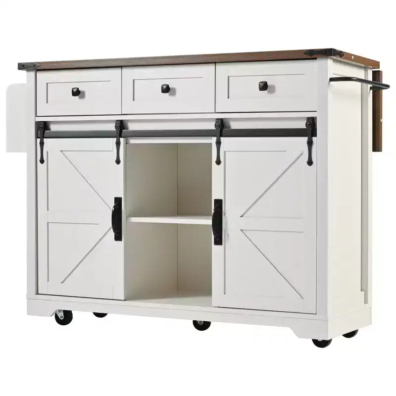 FAMYYT Rolling White Drop Leaf Wood Top 54 in. Kitchen Island Cart with Power Outlet, 2 Sliding Barn Door, Hidden Wheels