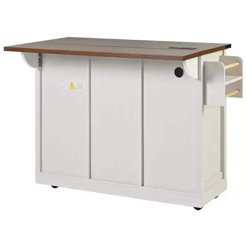 FAMYYT Rolling White Drop Leaf Wood Top 54 in. Kitchen Island Cart with Power Outlet, 2 Sliding Barn Door, Hidden Wheels