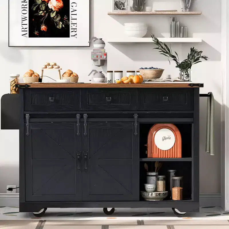 FAMYYT Rolling White Drop Leaf Wood Top 54 in. Kitchen Island Cart with Power Outlet, 2 Sliding Barn Door, Hidden Wheels